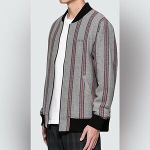 STUSSY wool stripe bomber jacket fitted hipster gray red zipper rare street USM